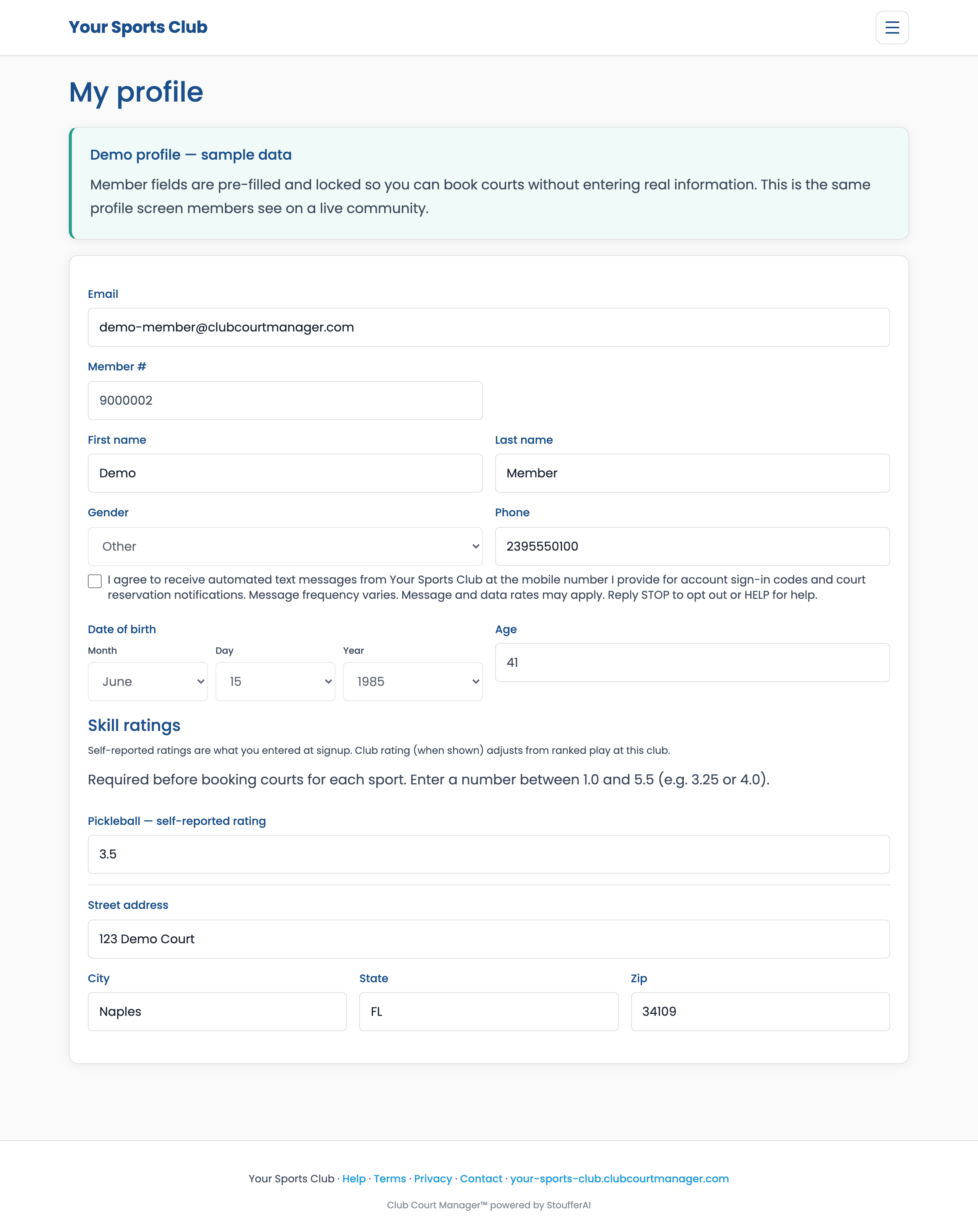 Member profile form with contact fields and skill ratings