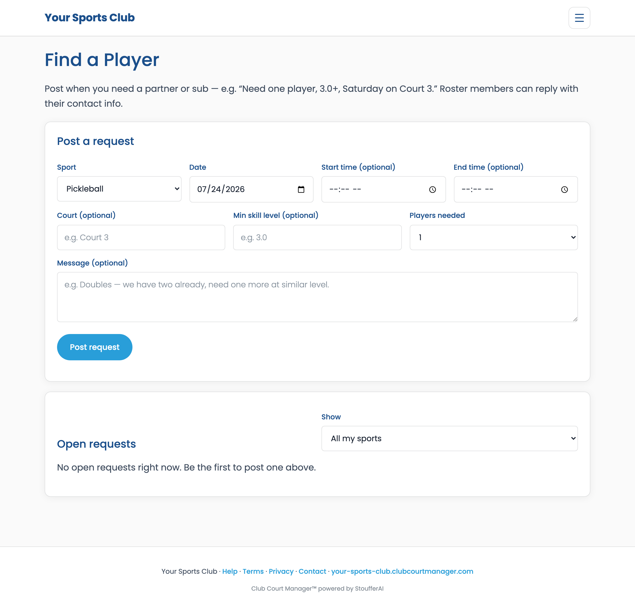 Find a Player board for posting partner requests