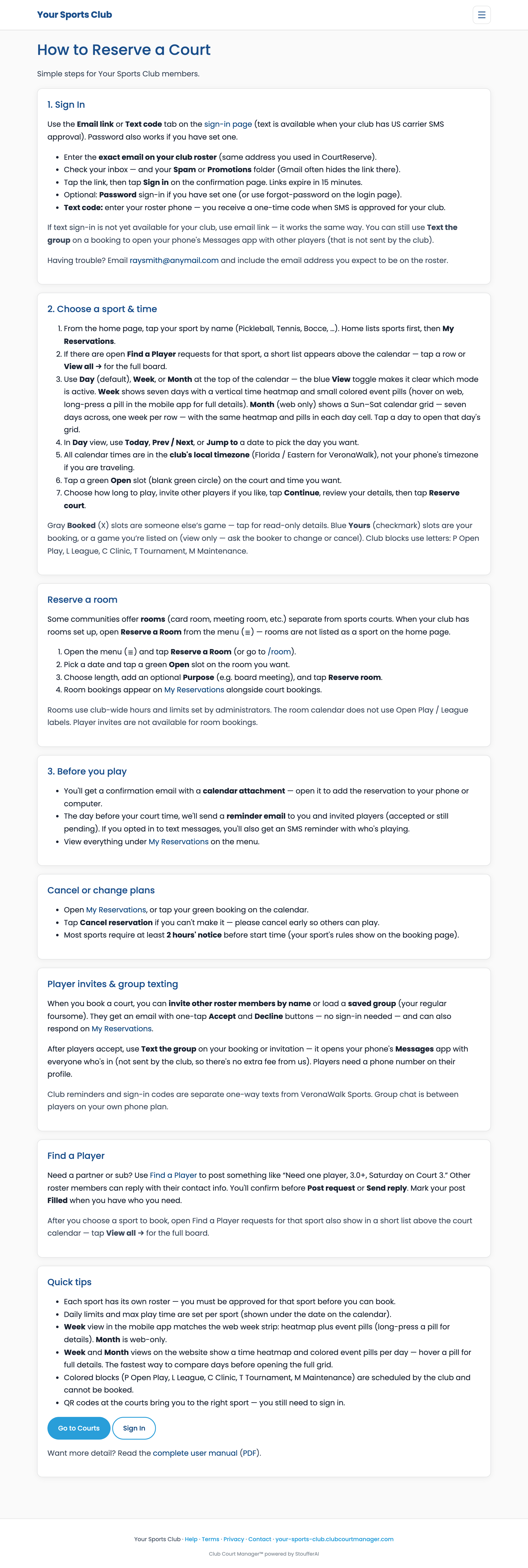 Help page with step-by-step booking instructions including Week and Month views