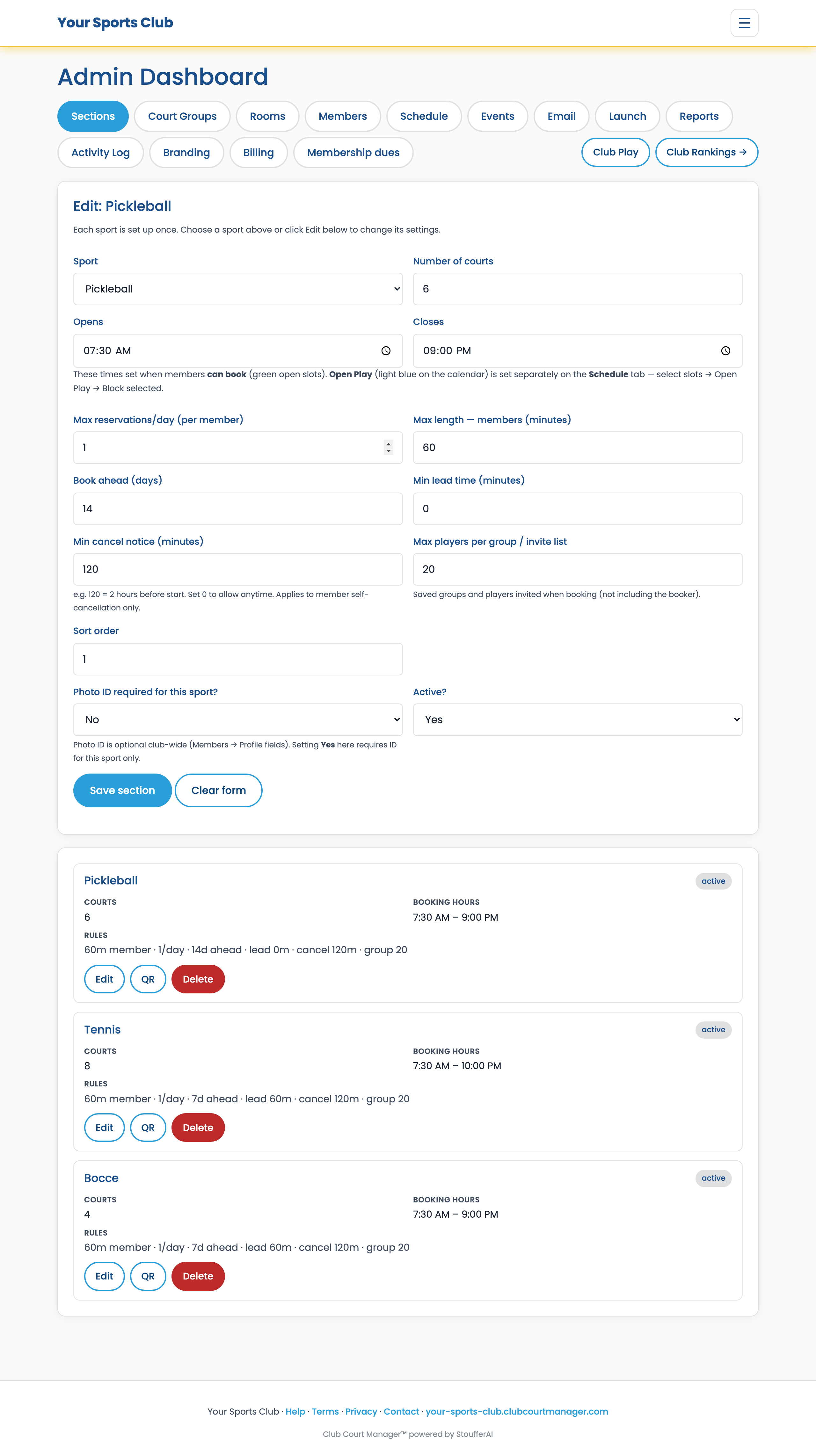 Admin Sections tab with sport courts hours and booking rules