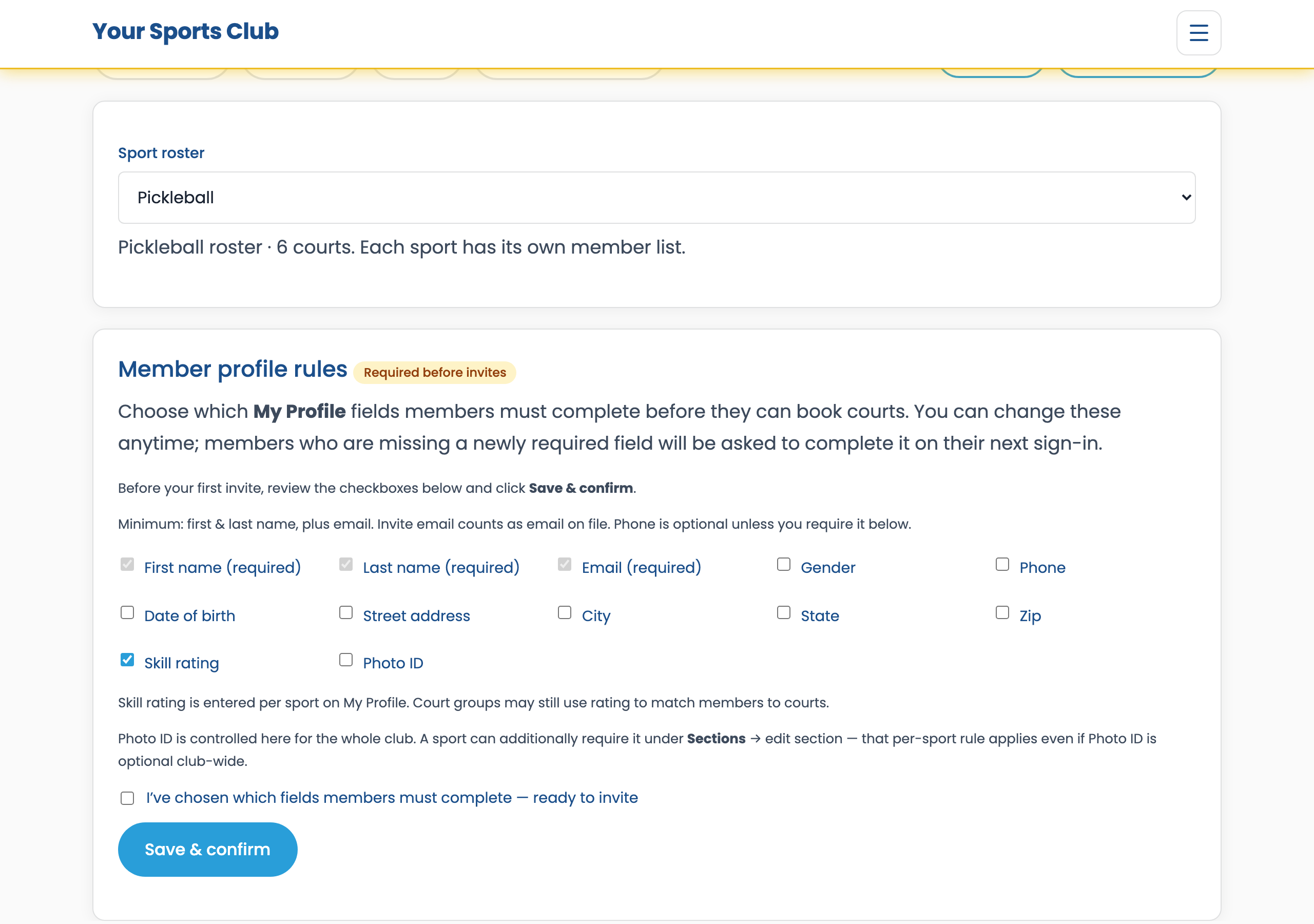 Admin Members tab — Member profile rules checkboxes and sport roster