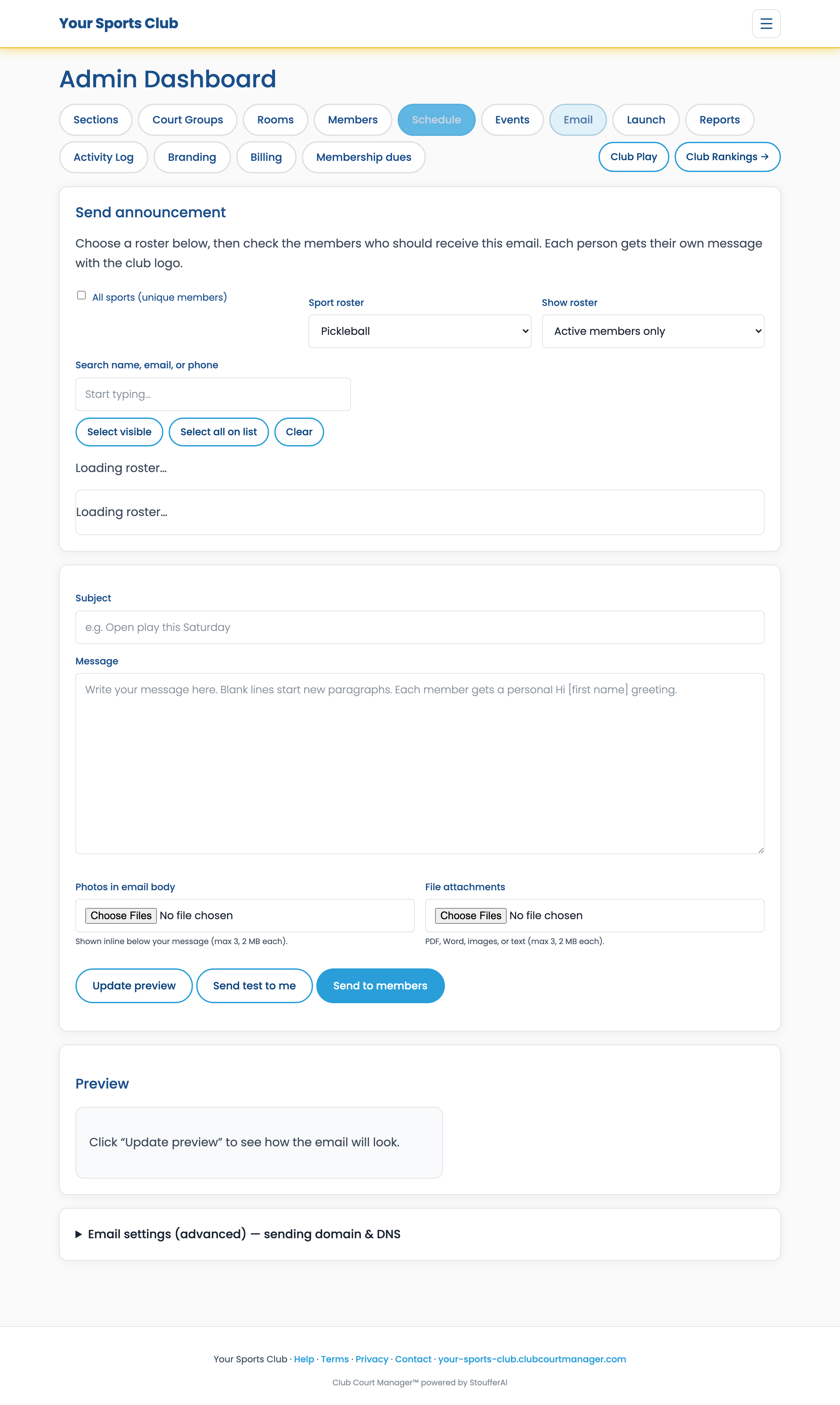 Admin Email tab with send announcement form