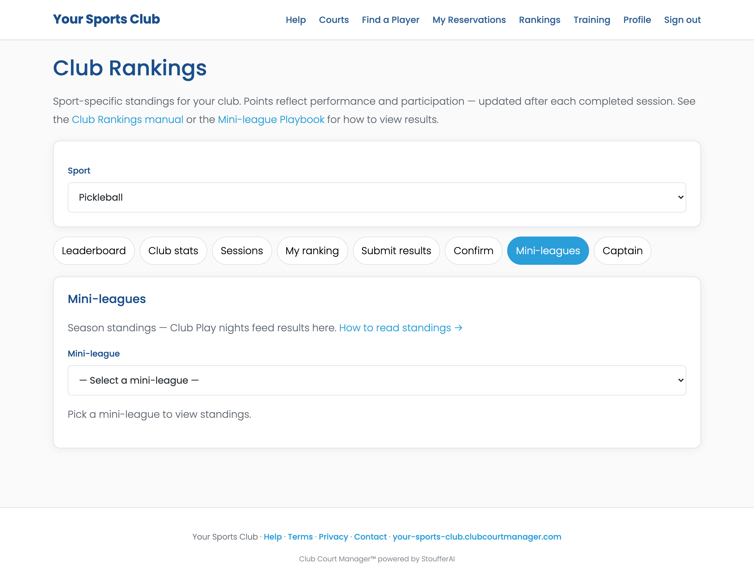 Club Rankings Mini-leagues tab with league dropdown