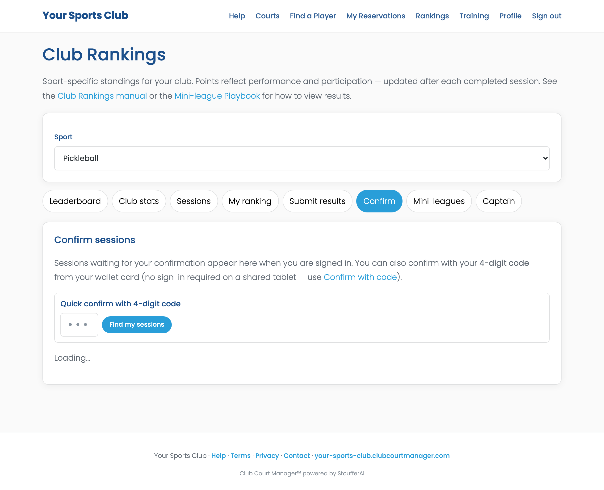 Club Rankings Confirm tab with quick 4-digit code entry
