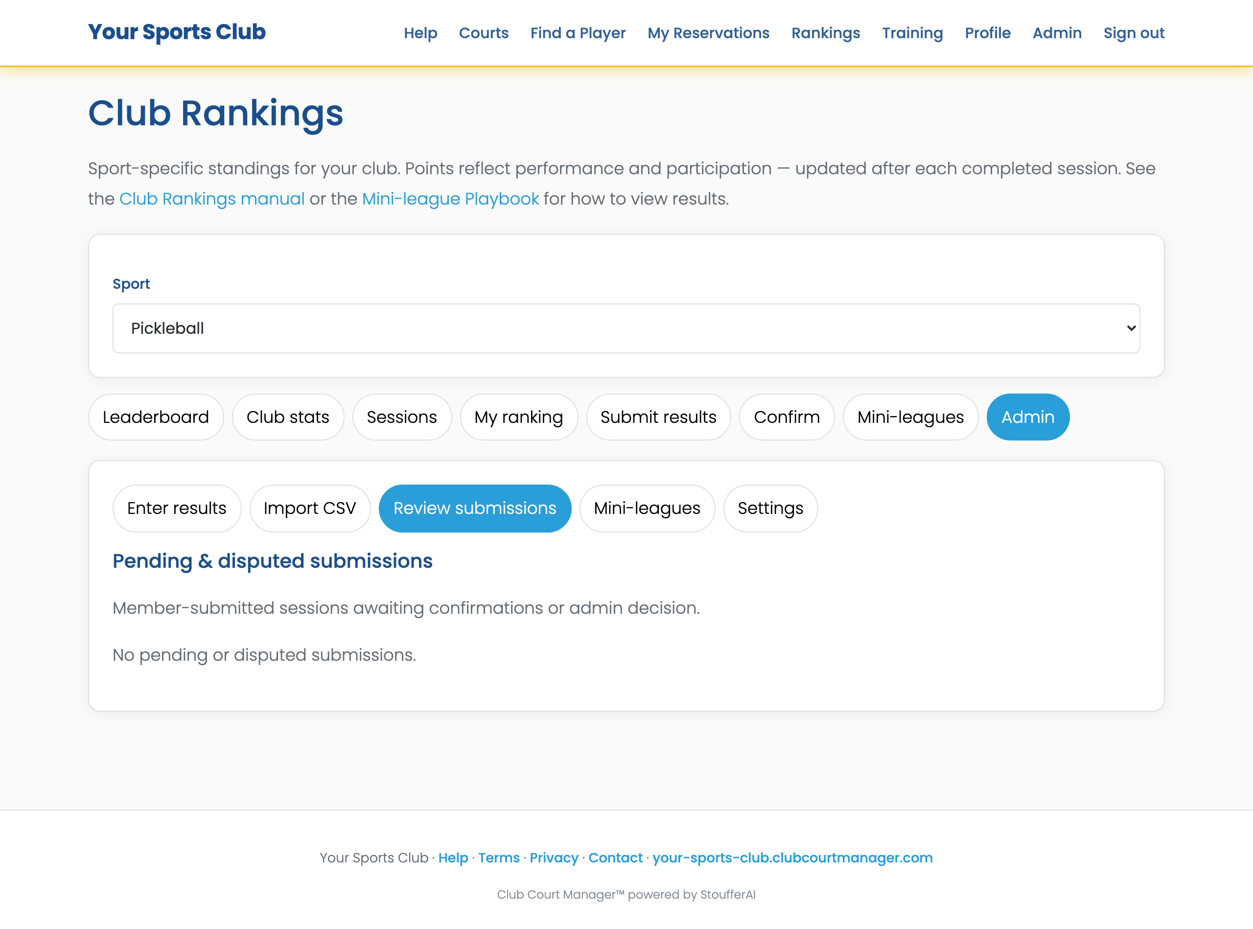 Club Rankings Admin Review submissions panel
