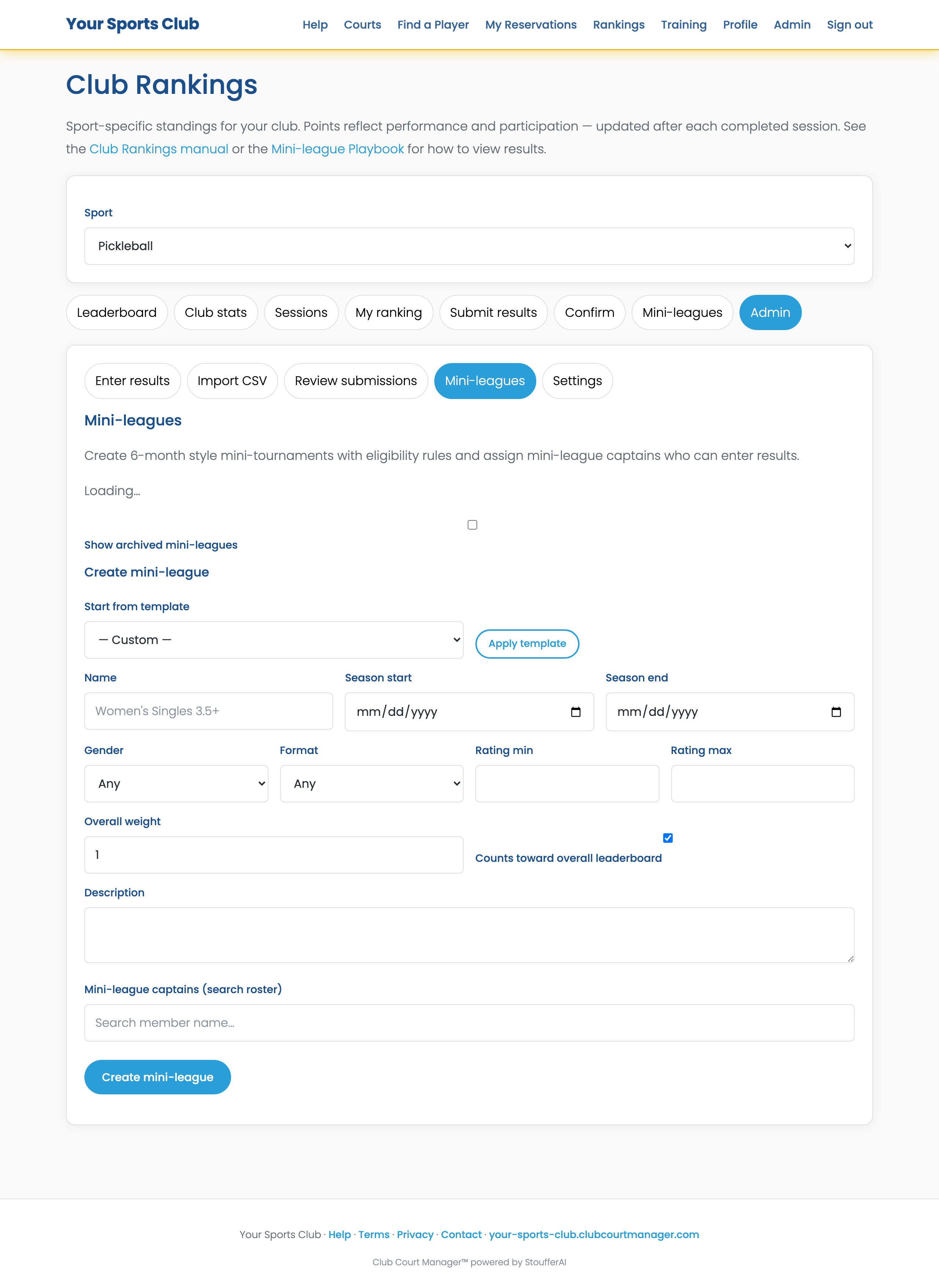 Club Rankings Admin Mini-leagues panel with templates and captains