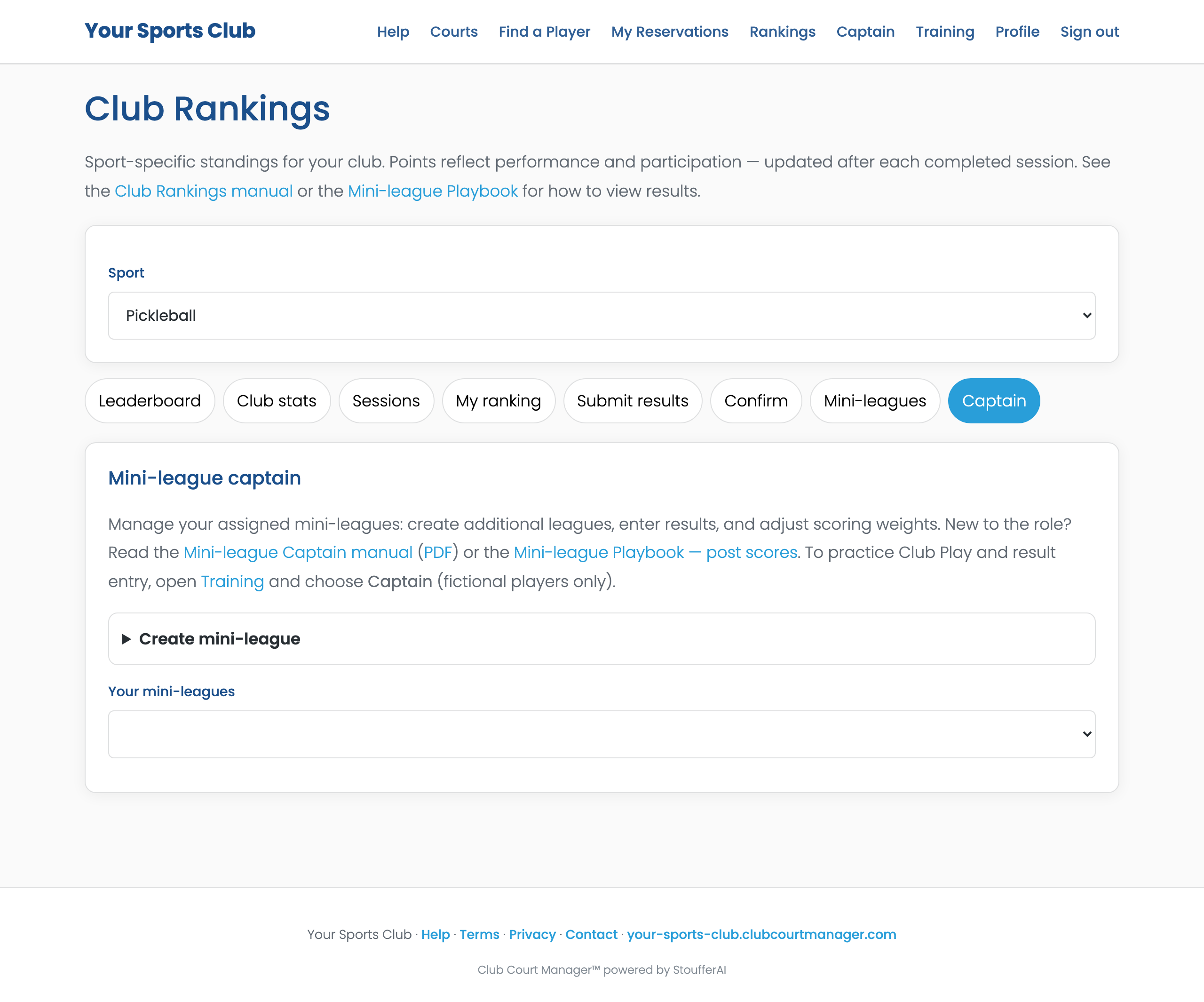 Club Rankings Captain tab with mini-league result entry