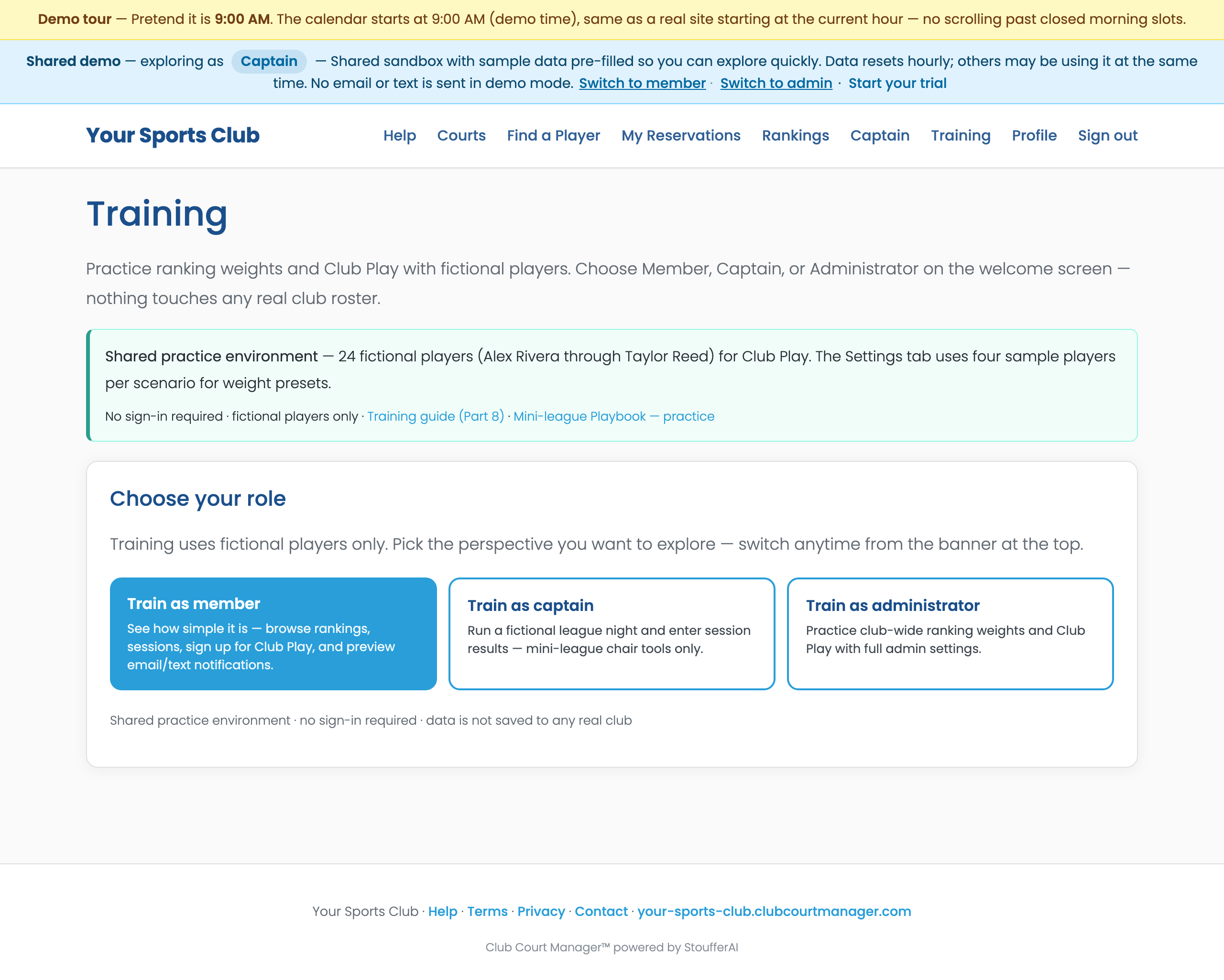 Training welcome screen with Member Captain Administrator roles